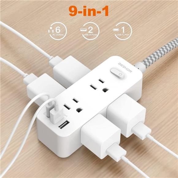 Power Strip Surge Protector, 5Ft Extension Cord, 6 Outlets with 3 USB Ports - Picture 3 of 6